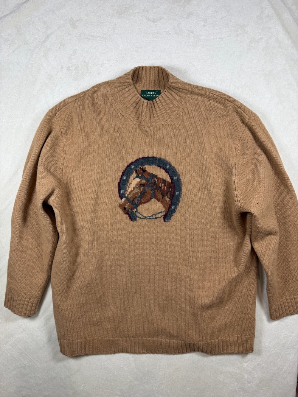 Ralph Lauren 3X Wool Camel Turtleneck Sweater with Horse Motif Knit
